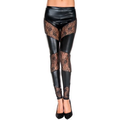Wetlook leggings with lace inserts BLACK