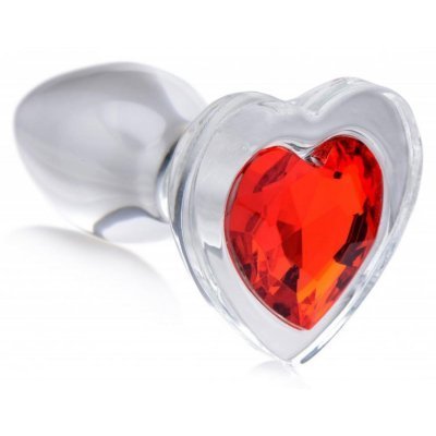 Red Heart Glass Anal Plug With Gem - Small